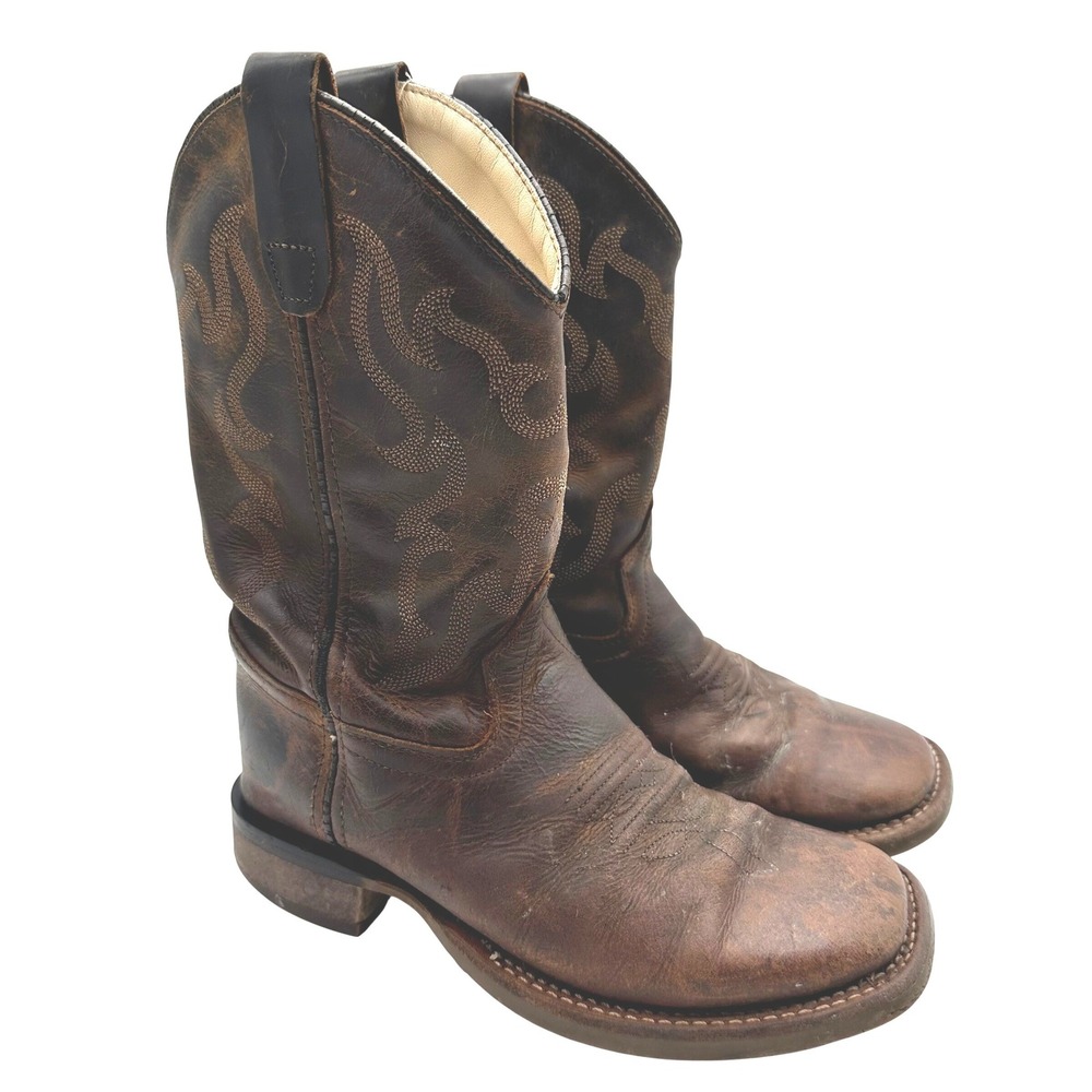 Old West Kids Brown Leather Square Toe Western Flame Stitch Cowboy Boots 2.0 D
